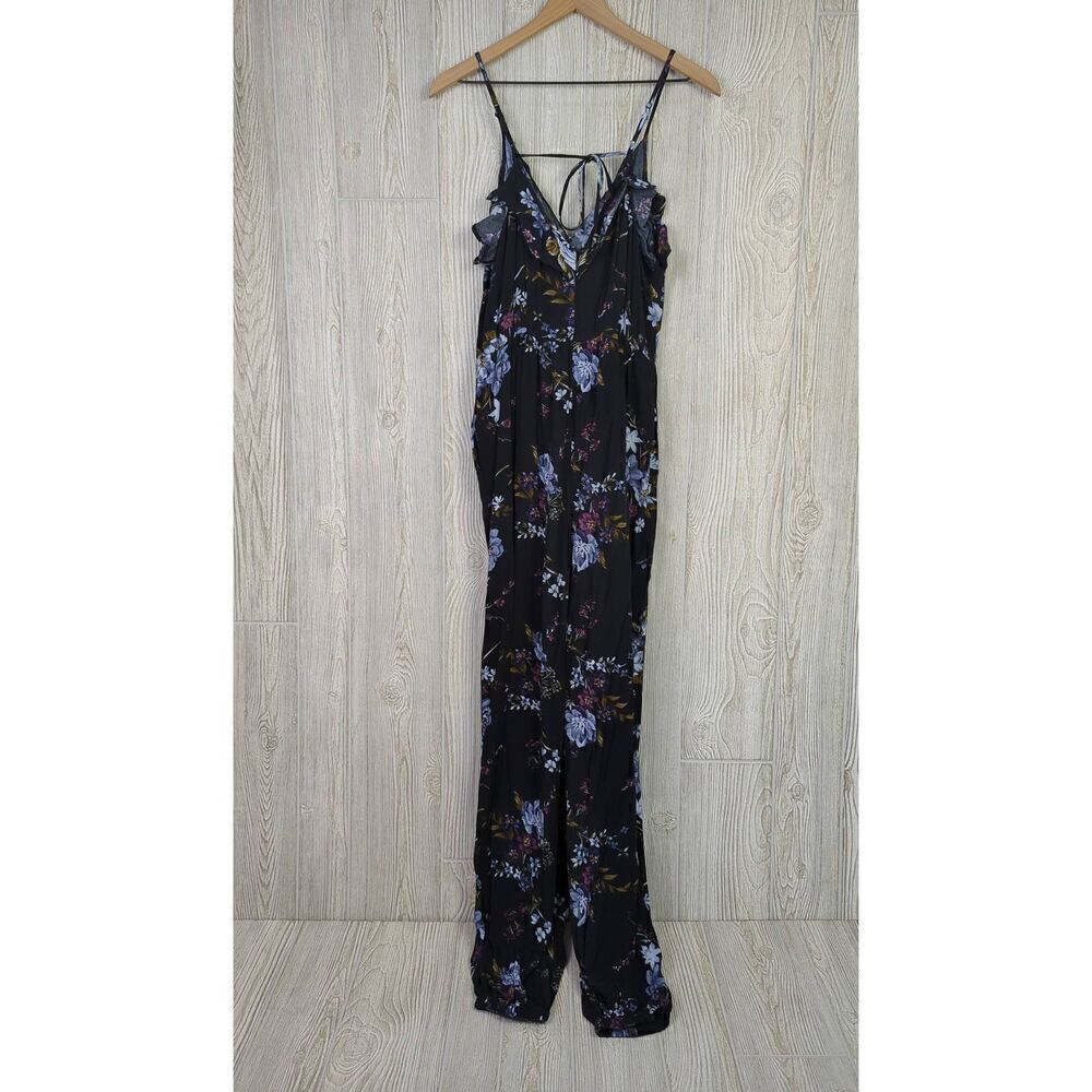 American Eagle Outfitters Women Small Long Faux Wrap Floral Print Jumpsuit Black - Picture 3 of 8